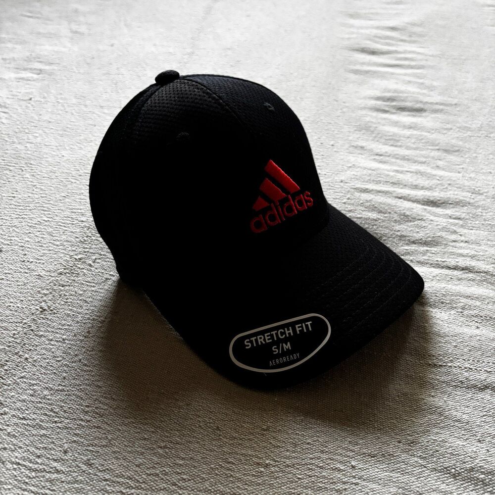 NWT Adidas Superlite Stretch Fit Hat Cap Black Solar Red S/M